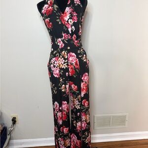 Floral Halter Wide Leg Split Leg Jumpsuit | Black Pink Floral | Size S